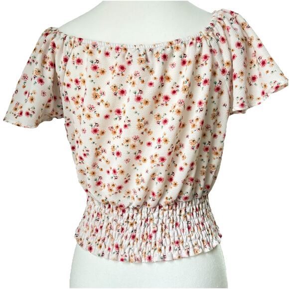 Monteau XL Floral Crop Top Puff Sleeve Smocked Waist Blouse Y2K Cottagecore - Picture 5 of 8